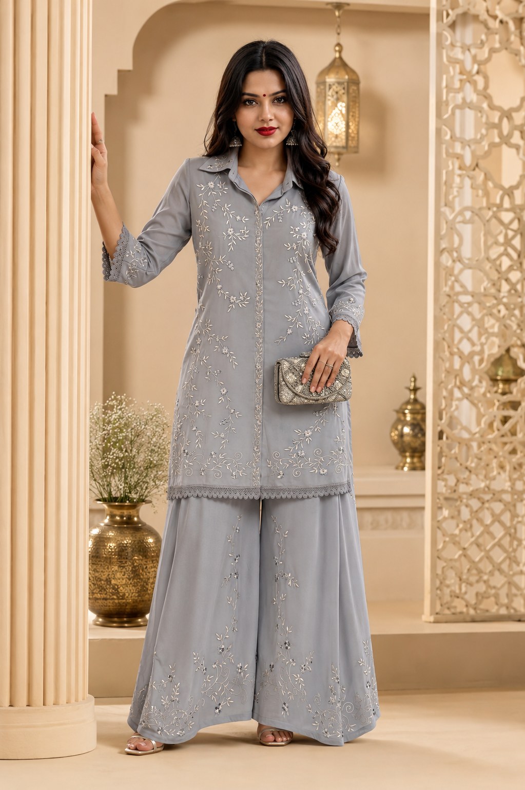 Grey embroidered set